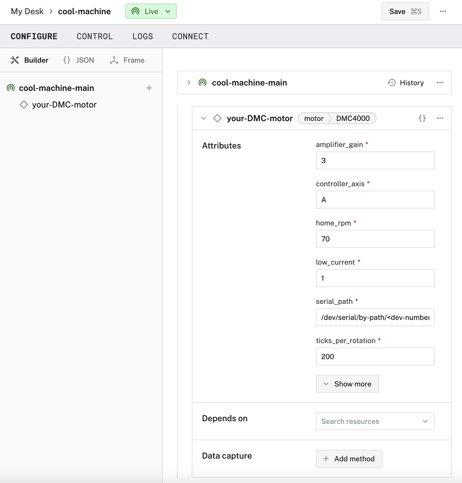 A DMC4000 motor config with the attributes configured per the JSON on the next tab in this doc.